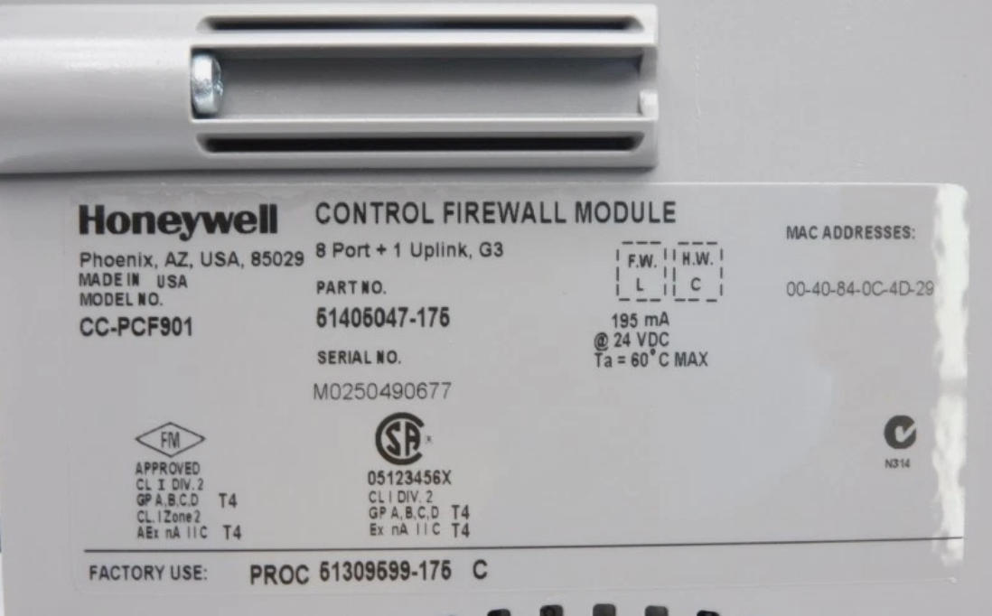 Módulo de cortafuegos de control Honeywell CC-PCF901 con fuente de alimentación de corriente continua de 24 V para protección de la seguridad de la red y distribución de la red FTE